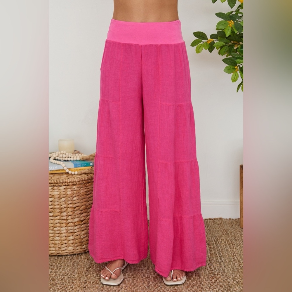 (2-36/255005-SOL-FUC) LINEN TIERED PALAZZO PANT - Picture 4 of 4